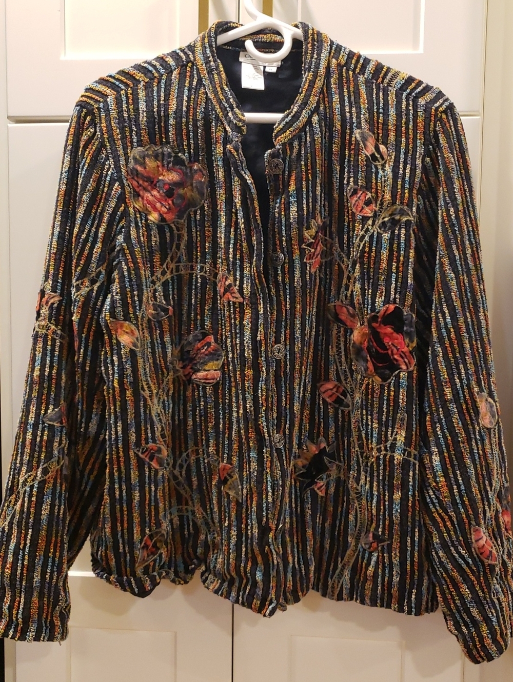 Coldwater Creek, Embroidered Multi-Color Striped Jacket - Black Base, XL